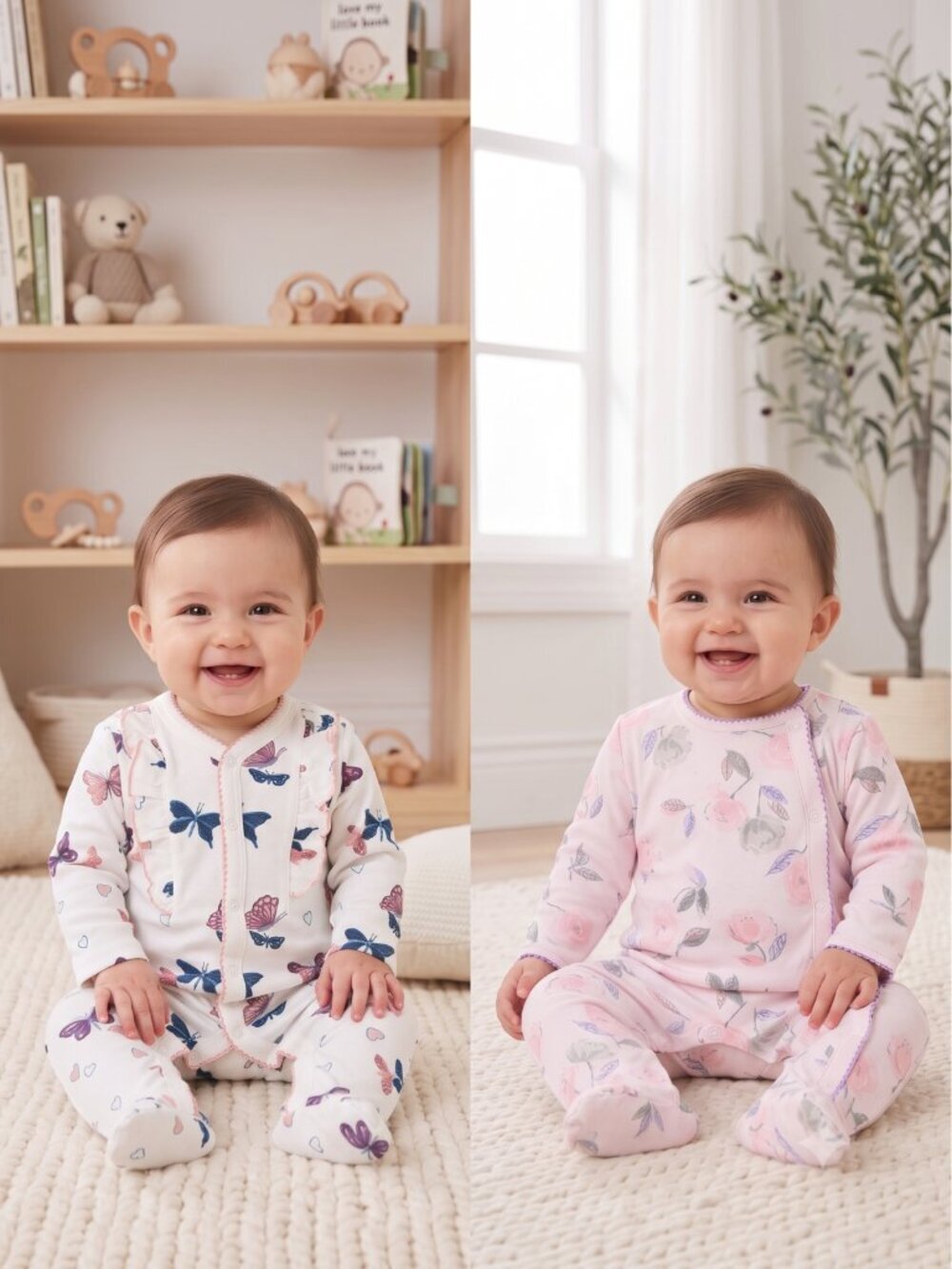 NWT | Minicoco 2-Pair Floral & Butterfly Footed Sleepers | Purple & Pink | 6/9M